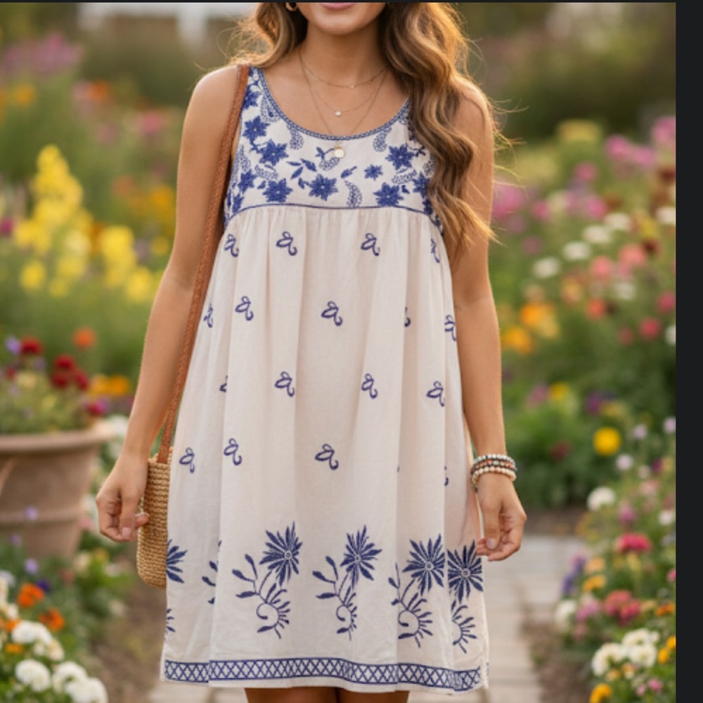 Free people blu pepper tan‎ minidress embroidered detailing size medium  boho